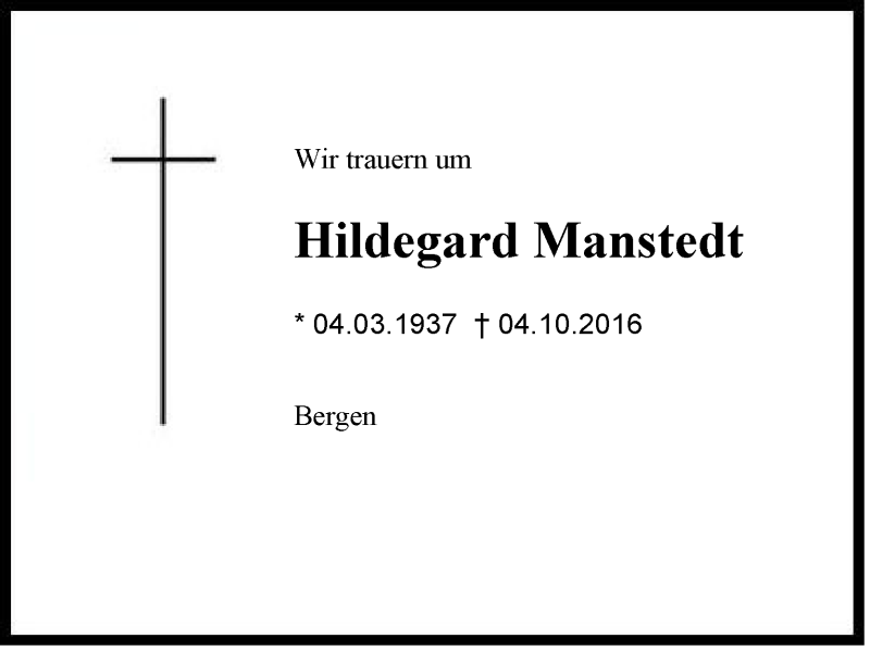  Traueranzeige für Hildegard Manstedt vom 06.10.2016 aus Region Chiemgau