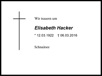 Traueranzeige von Elisabeth Hacker von Region Berchtesgadener Land