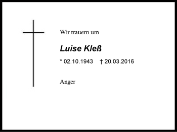 Traueranzeige von Luise Kleß von Region Berchtesgadener Land