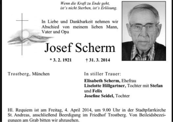 Traueranzeige von Josef Scherm von Region Chiemgau