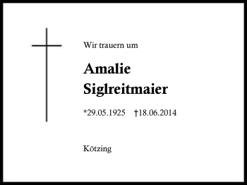 Traueranzeige von Amalie Siglreitmaier von Region Chiemgau
