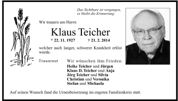 Traueranzeige von Klaus Teicher von Region Chiemgau