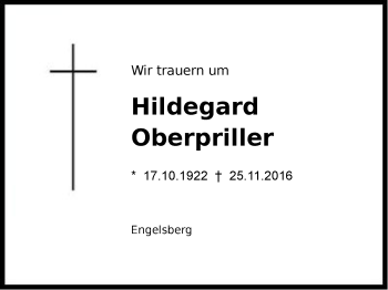 Traueranzeige von Hildegard Oberpriller von Region Chiemgau