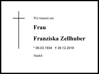 Traueranzeige von Franziska Zellhuber von Region Berchtesgadener Land