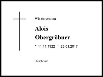 Traueranzeige von Alois Obergröbner von Region Chiemgau