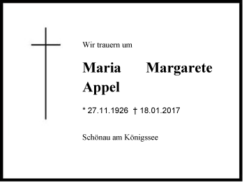 Traueranzeige von Maria Margarete Appel von Region Berchtesgadener Land