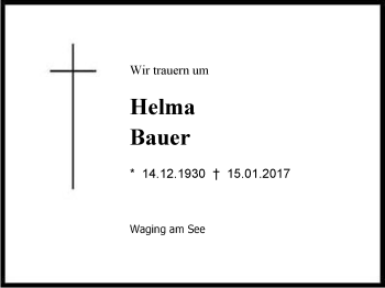 Traueranzeige von Helma  Bauer von Region Chiemgau