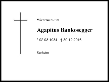 Traueranzeige von Agapitus Bankosegger von Region Berchtesgadener Land