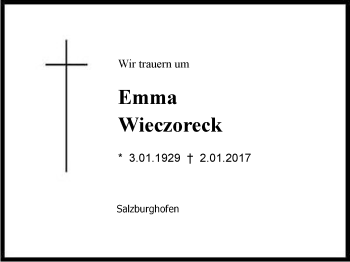 Traueranzeige von Emma Wieczoreck von Region Berchtesgadener Land