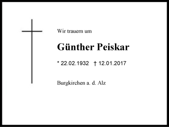 Traueranzeige von Günther Peiskar von Region Berchtesgadener Land