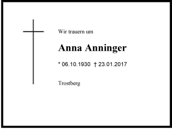Traueranzeige von Anna Anninger von Region Chiemgau
