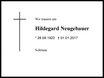 Traueranzeige von Hildegard Neugebauer von Region Chiemgau