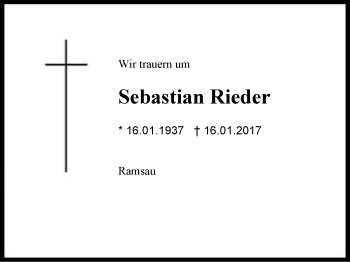 Traueranzeige von Sebastian Rieder von Region Chiemgau
