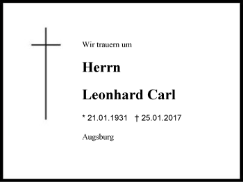 Traueranzeige von Leonhard Carl von Region Berchtesgadener Land