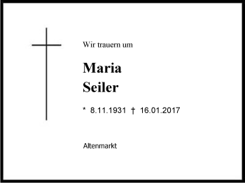 Traueranzeige von Maria  Seiler von Region Chiemgau