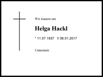 Traueranzeige von Helga Hackl von Region Chiemgau