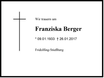 Traueranzeige von Franziska Berger von Region Chiemgau
