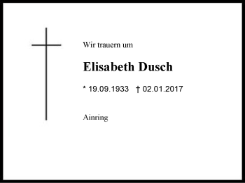 Traueranzeige von Elisabeth Dusch von Region Berchtesgadener Land
