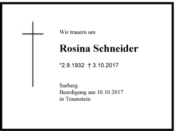 Traueranzeige von Rosina Schneider von Region Chiemgau