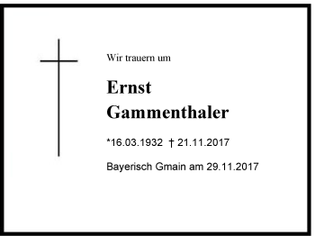 Traueranzeige von Ernst Gammenthaler von Region Berchtesgadener Land