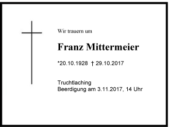 Traueranzeige von Franz Mittermeier von Region Chiemgau