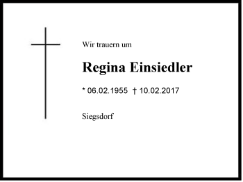 Traueranzeige von Regina Einsiedler von Region Chiemgau