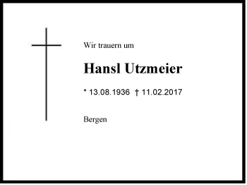 Traueranzeige von Hansl Utzmeier von Region Chiemgau