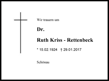 Traueranzeige von Ruth Kriss - Rettenbeck von Region Chiemgau