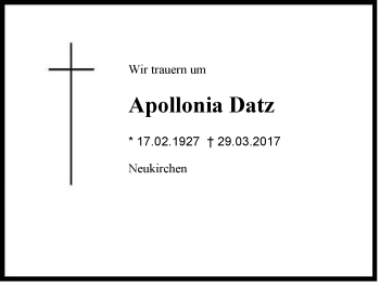 Traueranzeige von Apollonia Datz von Region Chiemgau