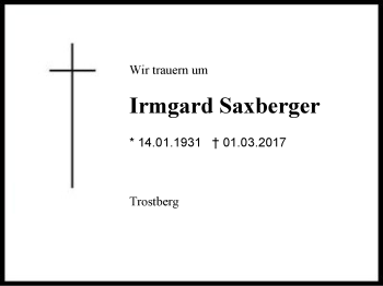 Traueranzeige von Irmgard Saxberger von Region Berchtesgadener Land