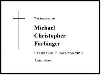 Traueranzeige von Michael Christopher Färbinger von Region Chiemgau