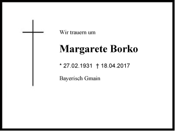 Traueranzeige von Margarete Borko von Region Berchtesgadener Land