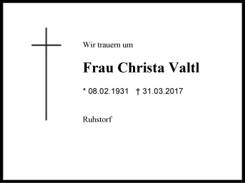 Traueranzeige von Christa Valtl von Region Berchtesgadener Land