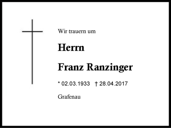 Traueranzeige von Franz Ranzinger von Region Berchtesgadener Land