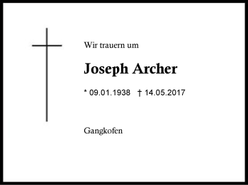Traueranzeige von Joseph Archer von Region Berchtesgadener Land