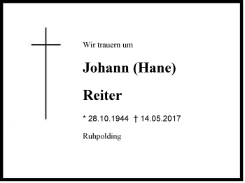 Traueranzeige von Johann Reiter von Region Chiemgau