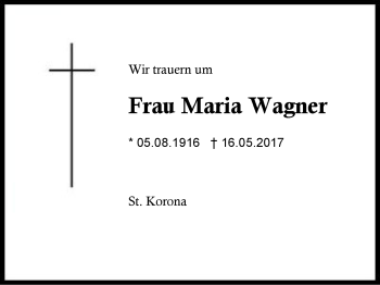 Traueranzeige von Maria Wagner von Region Berchtesgadener Land