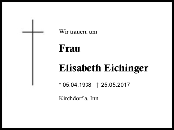 Traueranzeige von Elisabeth Eichinger von Region Berchtesgadener Land