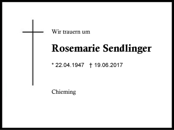 Traueranzeige von Rosemarie Sendlinger von Region Chiemgau