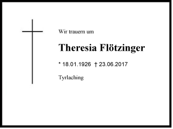 Traueranzeige von Theresia Flötzinger von Region Chiemgau