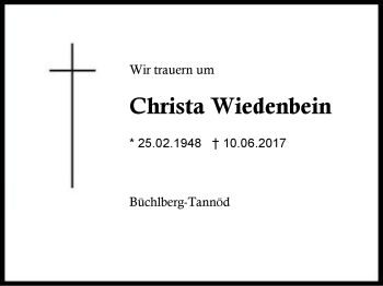 Traueranzeige von Christa Wiedenbein von Region Berchtesgadener Land