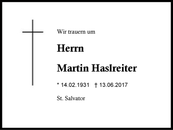 Traueranzeige von Martin Haslreiter von Region Berchtesgadener Land