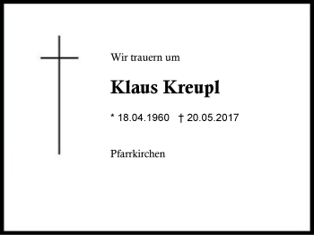 Traueranzeige von Klaus Kreupl von Region Berchtesgadener Land