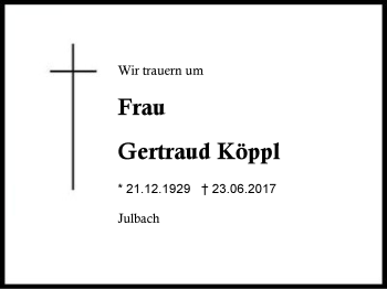 Traueranzeige von Gertraud Köppl von Region Berchtesgadener Land