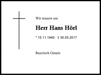Traueranzeige von Hans Hörl von Region Berchtesgadener Land