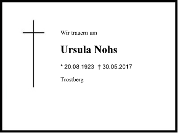 Traueranzeige von Ursula Nohs von Region Chiemgau