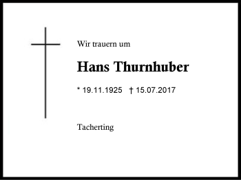 Traueranzeige von Hans Thurnhuber von Region Berchtesgadener Land