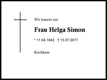 Traueranzeige von Helga Simon von Region Berchtesgadener Land
