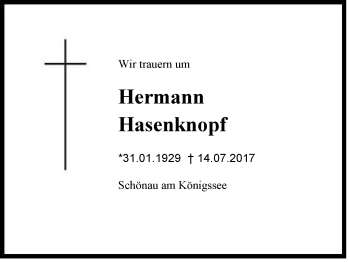 Traueranzeige von Hermann Hasenknopf von Region Berchtesgadener Land