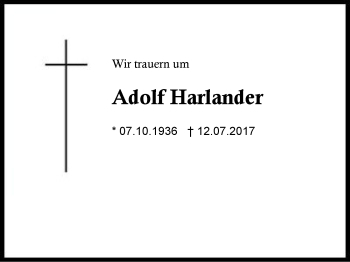 Traueranzeige von Adolf Harlander von Region Berchtesgadener Land